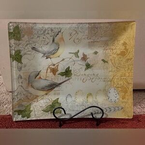 13 X 10 Decorative Glass Tray Platter Birds, Leaves with Stand home decor gift